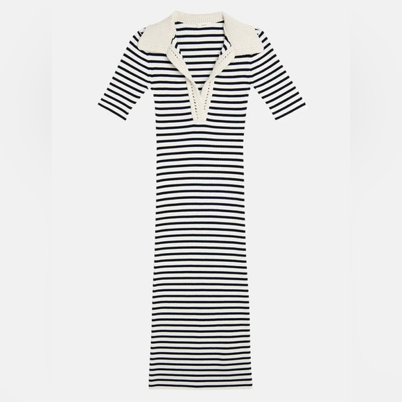 A.L.C Darcy Crochet Polo Collar Trim Ribbed Striped Midi Dress Navy Bone - Picture 4 of 4